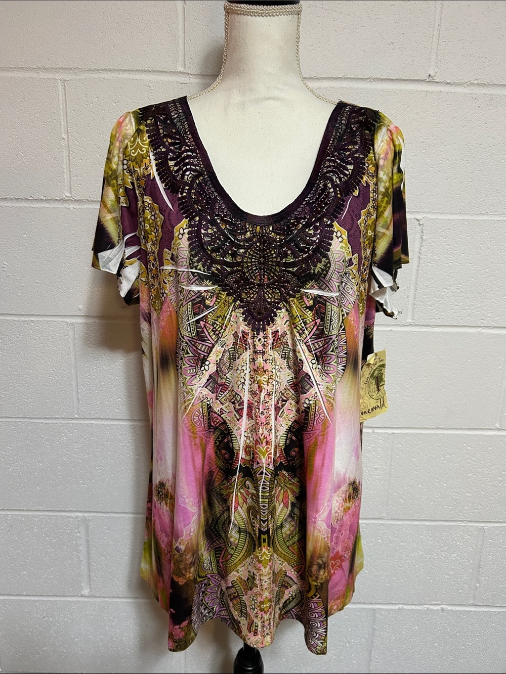 ONE WORLD Scoop-Neck Mixed Print Tunic in Pink, Olive & Purple 2X